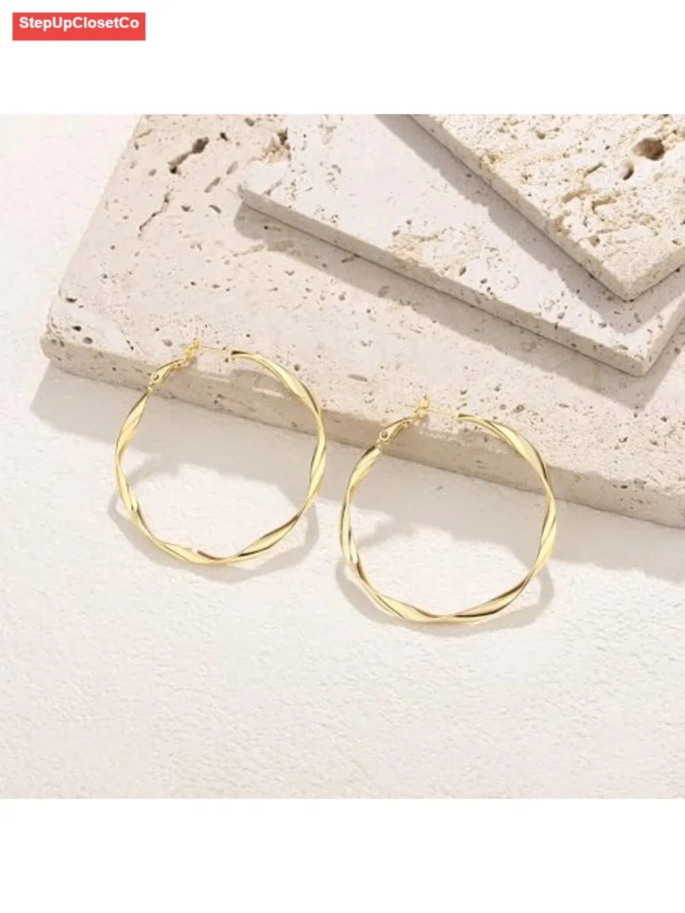 45mm Twisted Hoop Earrings Gold Plated Sterling Silver Post for Women